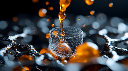 Poster - Abstract image of liquid pouring into a wireframe structure creating an artistic fluid design. Great for science visuals or technology presentations.