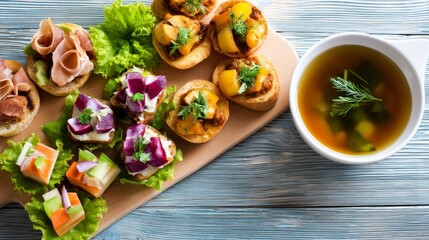 Aufkleber - An overhead view presents an array of vibrant open-faced sandwiches alongside a bowl of vegetable broth on a light wooden table, inviting exploration