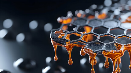 Poster - Abstract image of a honeycomb structure with golden liquid dripping suggesting innovative materials or advanced technology. Excellent for scientific presentations.