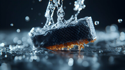 Poster - A close-up shot showing water splashing onto a dark sponge-like object. Great for illustrating cleaning products or water filtration concepts.