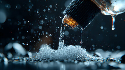 Poster - Close-up image capturing water pouring from a bottle. The focus is on the liquid droplets creating a dynamic and visually appealing scene. Suggests freshness and purity.