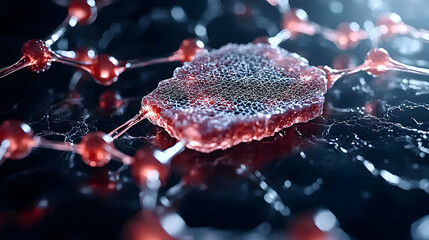 Poster - a macro image shows a network of interconnected red structures resembling cells or neurons. suitable