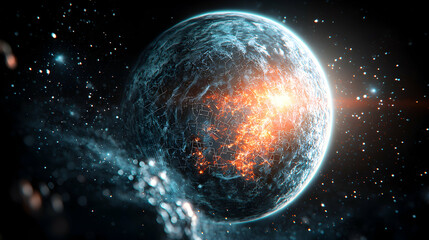 Poster - A celestial body with a network of glowing lines and a fiery core against a backdrop of stars. Ideal for sci-fi or space-themed graphics or wallpapers.