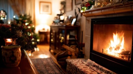 Poster - Flickering flames illuminate a rustic living area, creating a cozy atmosphere with warm hues and inviting decorations for festive gatherings and intimate moments