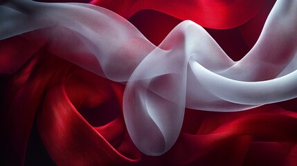 Poster - Elegant Red and White Fabric Drapery Abstract Background Texture Design Soft Flowing Sheer Silk Waves Modern Luxury Textile Image art fold fold seam  