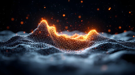 Poster - Abstract digital art with glowing lines creating a mountain-like landscape. Could be used as a tech presentation background or futuristic concept design.