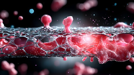 Poster - an artistic macro view depicting cellular interaction possibly related to medical technology or biol