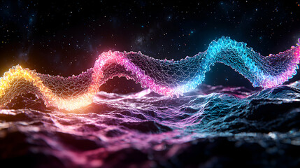 Poster - A colorful abstract representation of DNA strands in a space-like environment. Use this as a background for educational content or futuristic design projects.