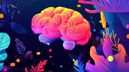 Poster - Vibrant animated brain with colorful elements in dynamic underwater motion