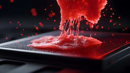 Poster - A close-up of a red fleshy substance dripping onto a gridded surface with glowing red dots. Suggests biotechnology cell growth experiments or abstract art.