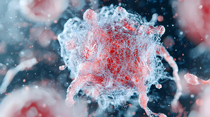 Poster - a close-up of a biological entity possibly a cell or virus enveloped in a complex network. suggests 