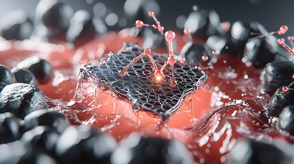 Poster - an artistic depiction of nanomaterial interaction within a biological environment. suggesting advanc