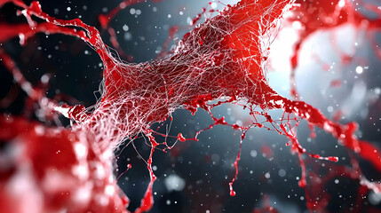 Poster - A vivid abstract illustration showcasing red biological structures resembling cells or blood vessels in a dark atmospheric environment. This image would work well in a medical presentation or science 