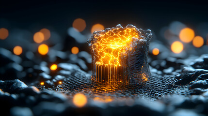 Poster - A glowing structure is caged in a metallic mesh. Orange orbs float around. It suggests energy flow or technological advancement perhaps for a futuristic interface or graphic.