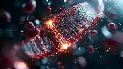 Poster - An abstract representation of DNA with a glowing core and surrounding cellular elements. It is an illustration of molecular biology research or scientific discovery.