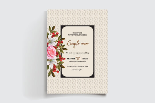 WEDDING INVITATION FRAME WITH FLOWER DECORATIONS AND FRESH LEAVES
