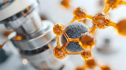 Poster - Close-up of molecular structure with golden connections and a metal apparatus. Suggests scientific research or technology development. Suitable for educational or promotional materials.
