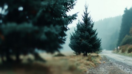 Poster - Spruce trees emerge through delicate fog along a tranquil gravel path, highlighted by subtle light leaks and a vintage film grain in muted olive hues