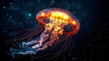 Poster - A vibrant jellyfish floats in a dark starry space. The jellyfish glows beautifully creating a captivating celestial scene perfect for art or educational projects.