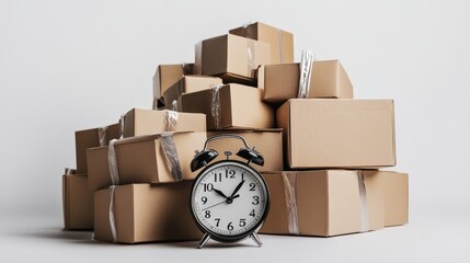 Poster - A stack of cardboard boxes with an alarm clock in front, symbolizing timely delivery or shipping deadlines.