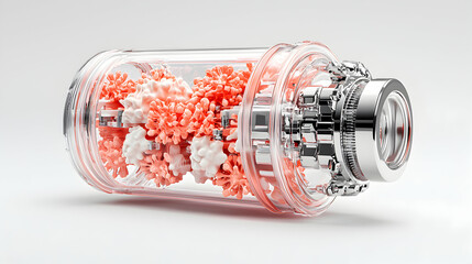 Poster - a futuristic device houses biological elements perhaps cells or microorganisms for research. the des