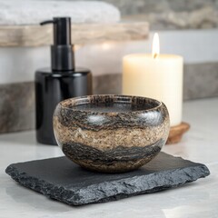 Poster - A unique black stone bowl with a flickering candle on top creating a calming ambiance in a room