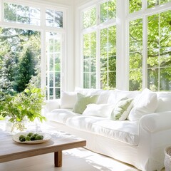 Poster - A bright, airy living room features a soft white sofa and lush green plan