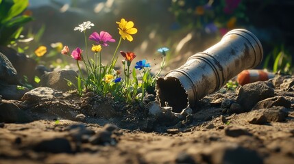 Poster - A close-up of flowers pushing through cracked earth near an old explosive device