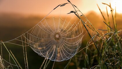intricate spiderweb glistening with dewdrops at dawn
