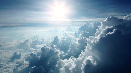Aufkleber - Bright midday sun illuminates scattered cumulus clouds in a vast open sky, creating soft shadows and a tranquil atmosphere with ample space for text or design