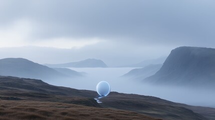 Aufkleber - A glowing sphere glides above misty mountain ranges during twilight, radiating soft blue light, while a tranquil landscape unfolds in the background