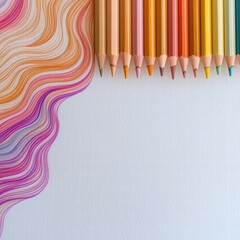 Poster - Vibrant array of colorful pencils arranged neatly against a textured wall for artistic expression
