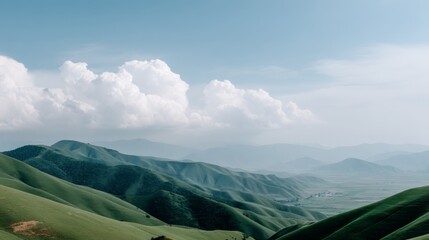 Aufkleber - Rolling green hills stretch across the horizon, framed by a partly cloudy sky, offering a peaceful natural setting perfect for relaxation and reflection