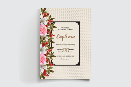 WEDDING INVITATION FRAME WITH FLOWER DECORATIONS AND FRESH LEAVES