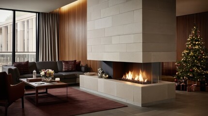 Aufkleber - Warm lights glow in a cozy living room featuring a decorated tree near a stylish fireplace, creating a welcoming holiday vibe with soft textures and comfort