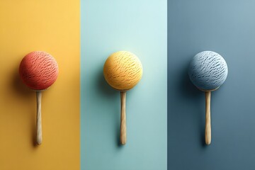 Poster - Colorful Three-Scoop Ice Cream Arrangement With Wooden Scoops in a Minimalistic Setting