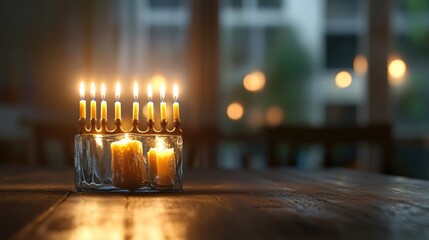 Poster - Candlelight glows from a menorah on a dark table, reflecting history and faith