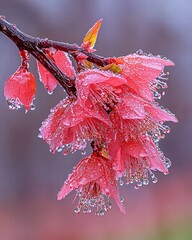 Poster - Beautiful pink flower with water droplets capturing nature's freshness against a soft background