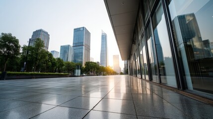 Poster - Wide-angle view of a bustling city plaza featuring tall glass buildings illuminated by the golden glow of sunset, emphasizing innovation and sustainability