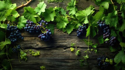 Poster - Close-up of a wine scene featuring grapes, green leaves, and a bottle on rustic wood