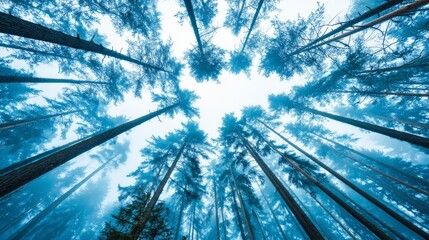 Poster - Clustered tall pine trees rise through serene dawn fog, creating a peaceful atmosphere that highlights the beauty and power of nature in its quiet moments
