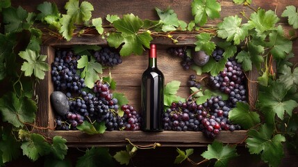 Poster - Elegant wine setup with a bottle and barrel, framed by vineyard leaves and plump grapes