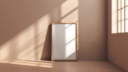 Poster - Minimalist room with sunlight streaming in, featuring a blank wooden frame leaning against a beige wall and wooden floor.