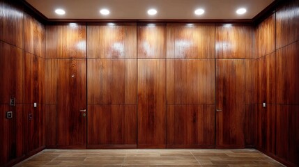 Leinwandbilder - Warm overhead light enhances the deep grain texture of rich mahogany paneling, creating an inviting atmosphere with ample space for design elements