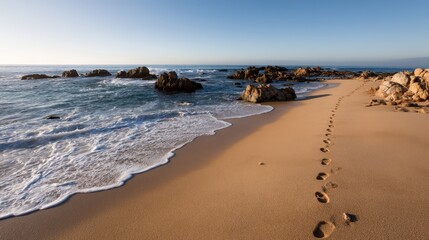 Poster - Calm coastal view features footprints leading down a sandy beach as gentle ocean waves roll in during golden hour, creating a peaceful and relaxing atmosphere