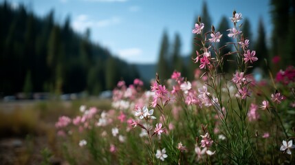 Poster - Colorful wildflowers bloom in a lush meadow, creating a peaceful atmosphere under a sunny sky with soft-focused trees gently framing the backdrop