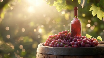 Poster - Harvest vibes with a wine bottle and grapes resting atop an aged barrel in soft sunlight