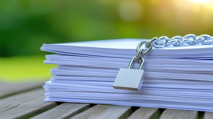 Poster - A stack of documents secured with a chain and padlock sits on a wooden surface, symbolizing confidentiality and data protection.