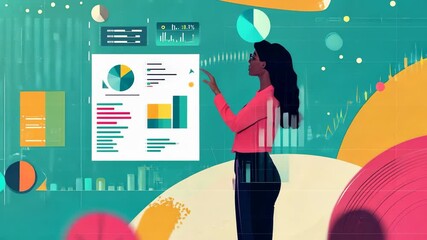 Poster - Animated business presentation with diverse woman analyzing data charts in dynamic sequence