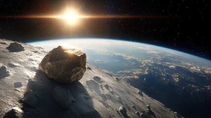 Poster - Rocky textures of a drifting asteroid dominate foreground with Earth vivid beauty in the back